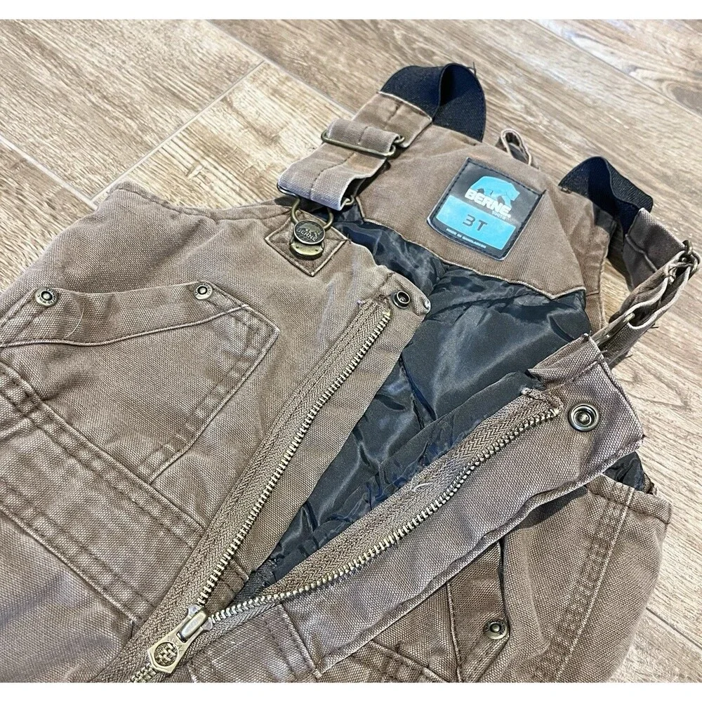 Berne Double Knee Overalls 3T Brown Toddler Heavyweight Lined Pocket Leg Zippers